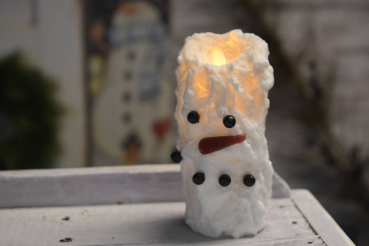 Snowman Votive Moving Flame LED Candle 2in by 5in