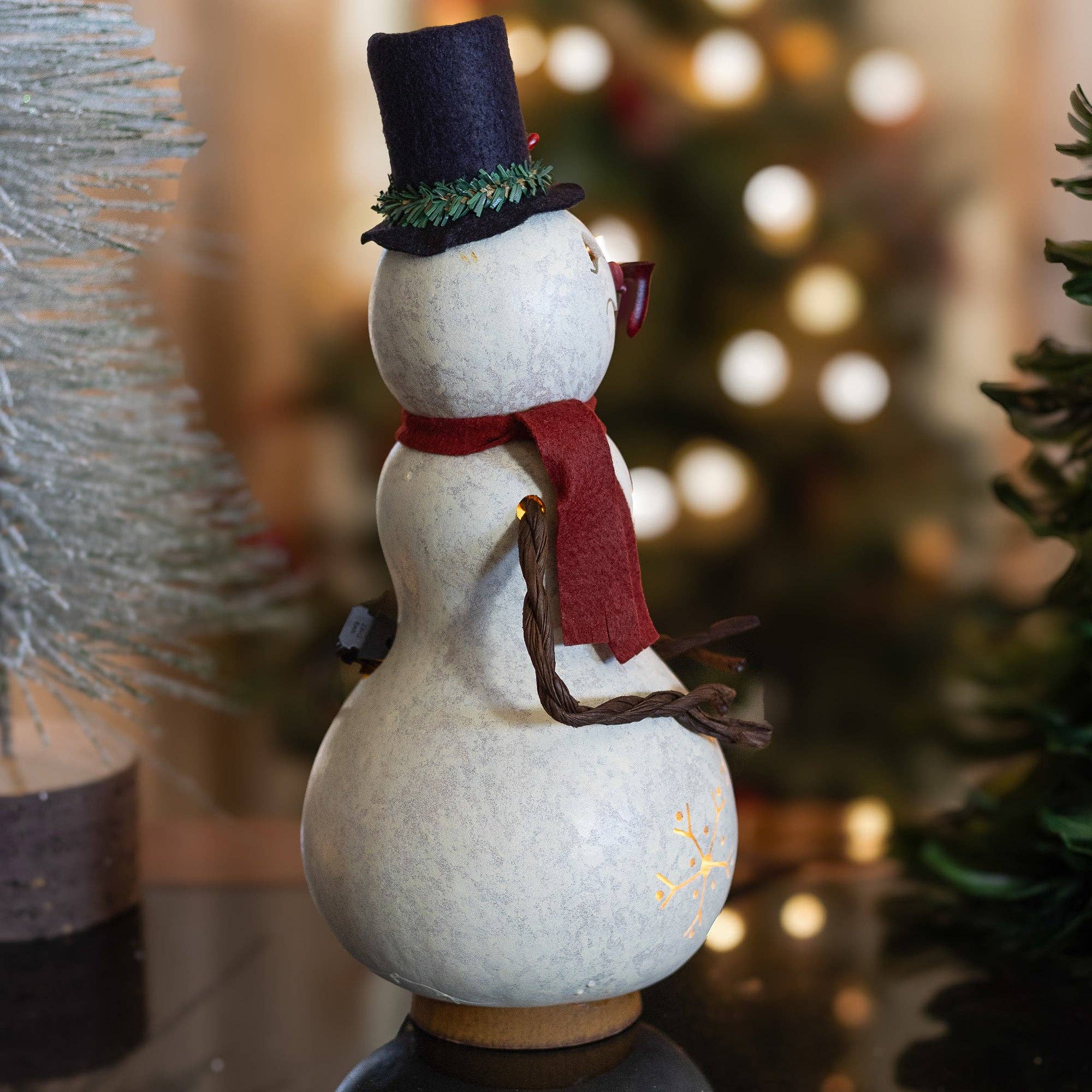 Hand-Crafted Snowman Gourd Luminary - Blizzard Medium Lit