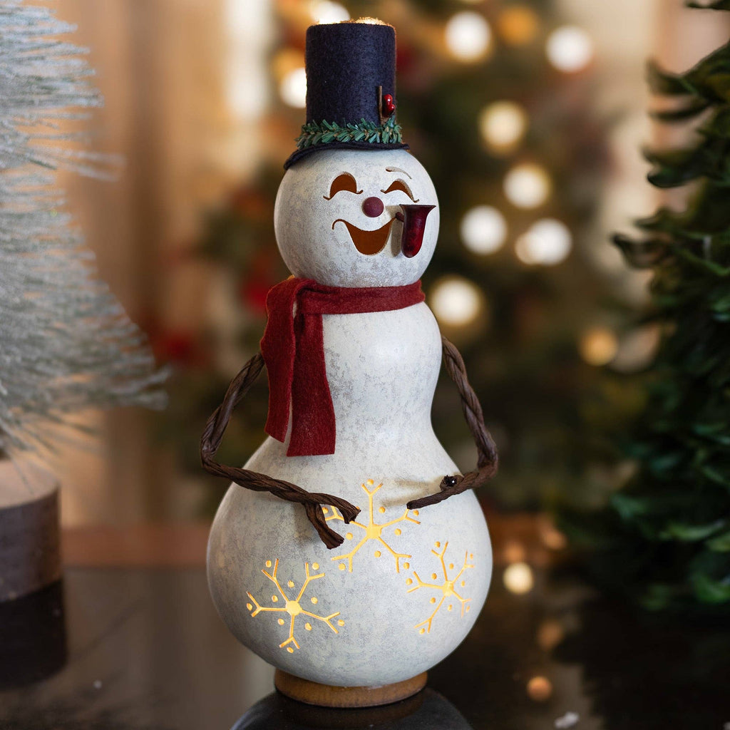 Hand-Crafted Snowman Gourd Luminary - Blizzard Medium Lit